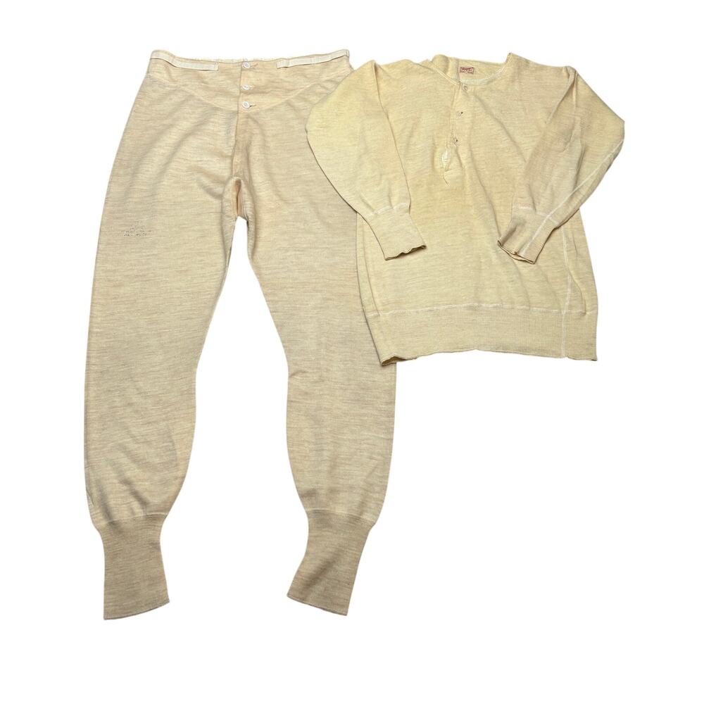 True Vintage Wool Henley Long Johns Base Layer Set Mens 38 40s 50s Army Military
